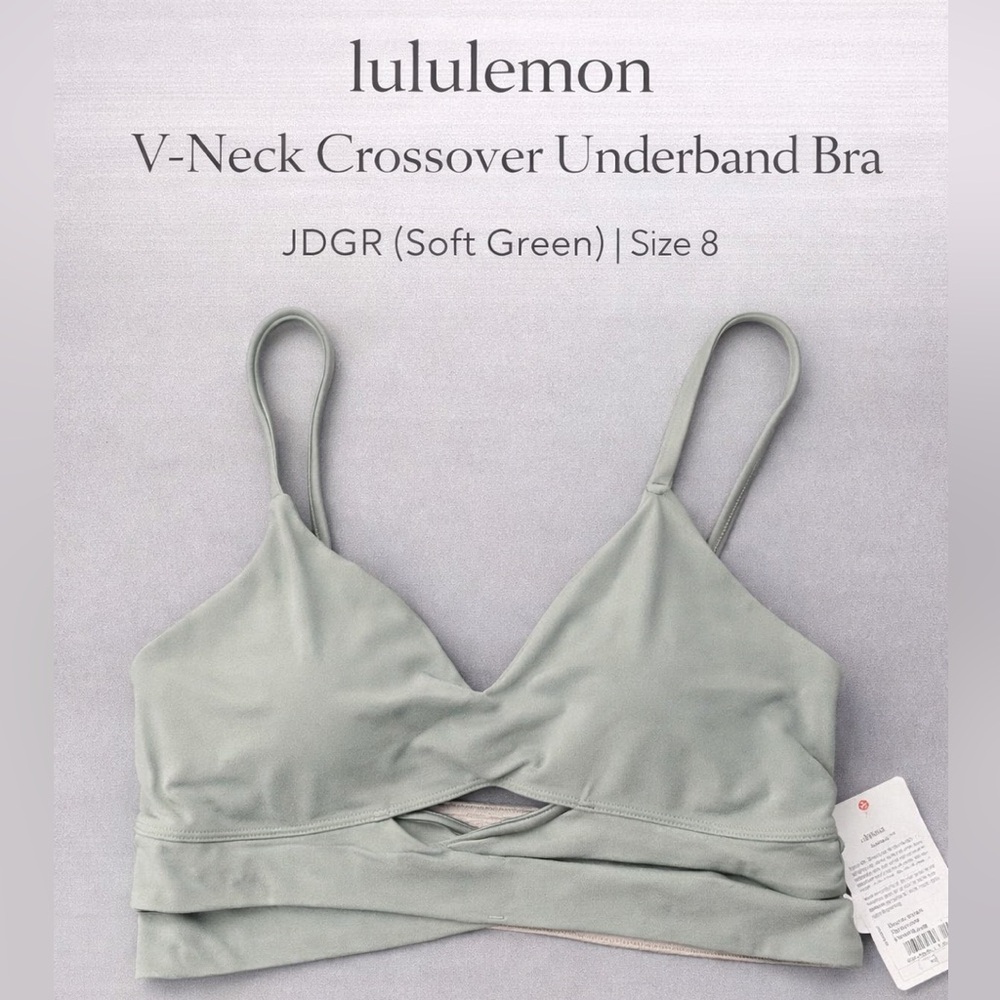 lululemon V-Neck Crossover Underband Bra in JDGR (soft green tone).